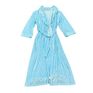 Vintage Blue Floral Embroidered Long Robe Belted Loungewear